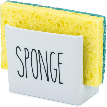 Porcelain Sponge Holder for Kitchen Sink. Compact Sink Caddy Organizer - Scrub Daddy Compatible Dish Sponge Holder. Ceramic Black and White Kitchen Decor and Cute Kitchen Accessories