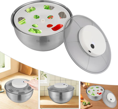 Stainless Steel Electric Salad Spinner Countertop Fruit Vegetable Washer Dryer Vegetable Dehydrator w/Bowl & Colander Lettuce Spinner for Draining Dehydrating Storing Vegetables, 5.12*6.30''