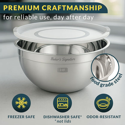 Stainless Steel Mixing Bowls With Lid, Metal Mixing Bowl Set Of 3, Nesting Set For Food Prep, Baking,Storage, Cooking, Serving | Dishwasher Safe, Silver, 1.5/3/5 Qt