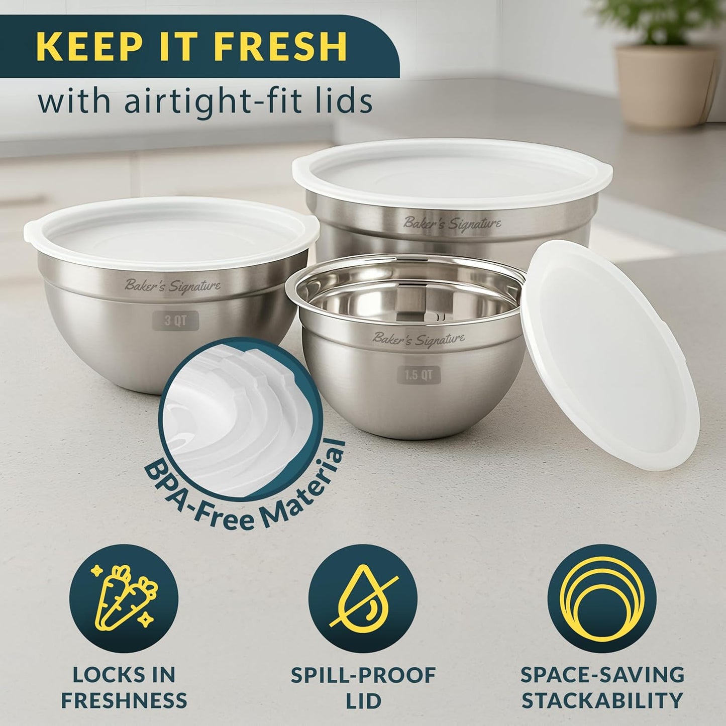 Stainless Steel Mixing Bowls With Lid, Metal Mixing Bowl Set Of 3, Nesting Set For Food Prep, Baking,Storage, Cooking, Serving | Dishwasher Safe, Silver, 1.5/3/5 Qt