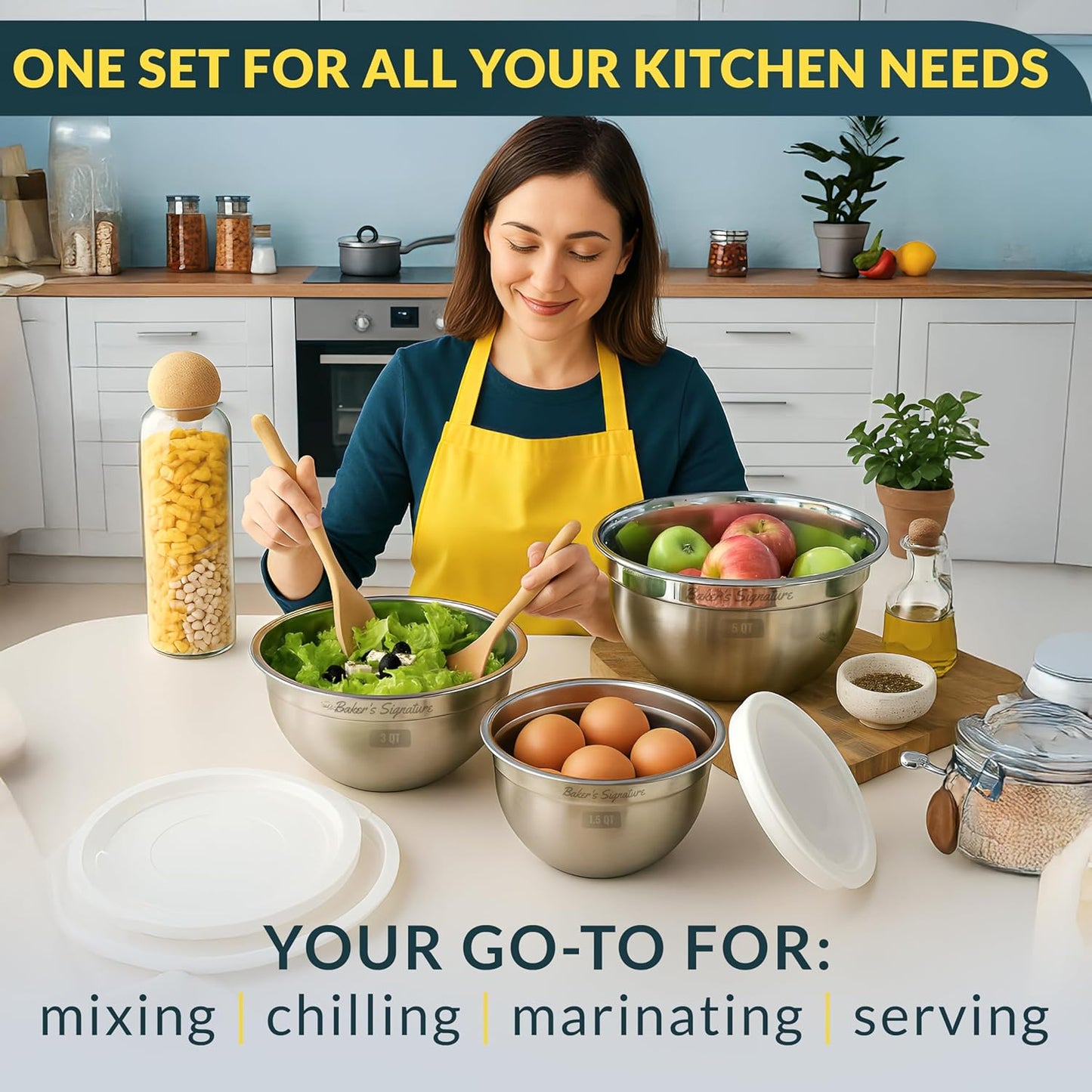 Stainless Steel Mixing Bowls With Lid, Metal Mixing Bowl Set Of 3, Nesting Set For Food Prep, Baking,Storage, Cooking, Serving | Dishwasher Safe, Silver, 1.5/3/5 Qt