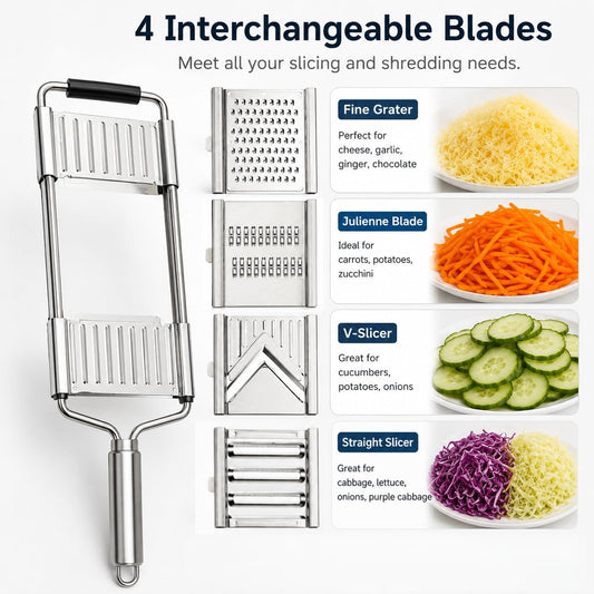 4-in-1 Vegetable Cutter with Cheese Grater, Stainless Steel Mandoline Slicer for Kitchen, Carrot Cucumber Cabbage Shredder, with Hook for Easy-Hang Storage