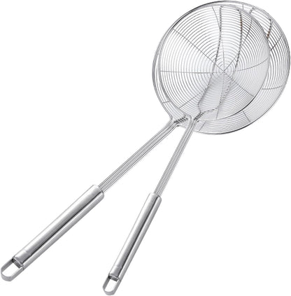 Stainless Steel Spider Skimmer, Set of 2 Professional Kitchen Pasta Strainer Spoon with Long Handle (L17 x D7.5 and L15.7 x D6)