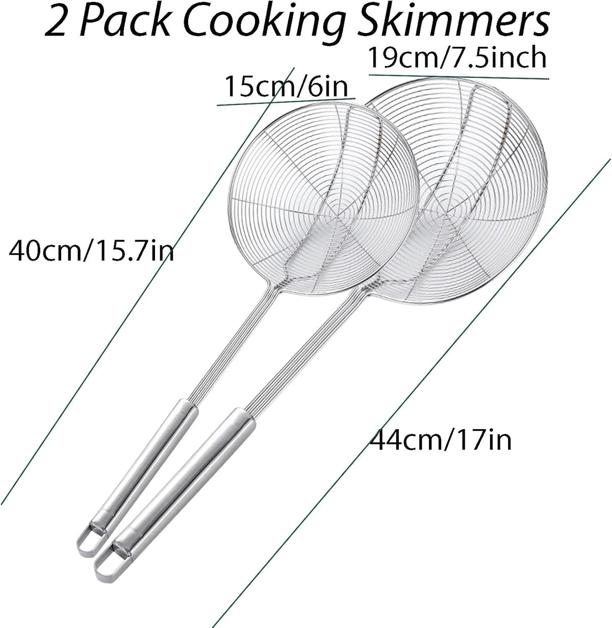 Stainless Steel Spider Skimmer, Set of 2 Professional Kitchen Pasta Strainer Spoon with Long Handle (L17 x D7.5 and L15.7 x D6)