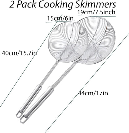 Stainless Steel Spider Skimmer, Set of 2 Professional Kitchen Pasta Strainer Spoon with Long Handle (L17 x D7.5 and L15.7 x D6)
