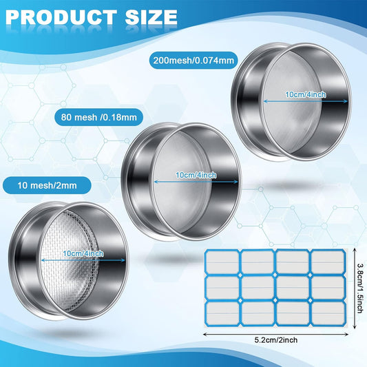 3 Pcs 304 Stainless Lab Sieves, 200, 80 and 10 Mesh (0.074, 0.18 and 2 Mm) Aperture Test Sieve, 4 Inch Diameter Economy Test Sieve with Labels for Industrial Laboratory
