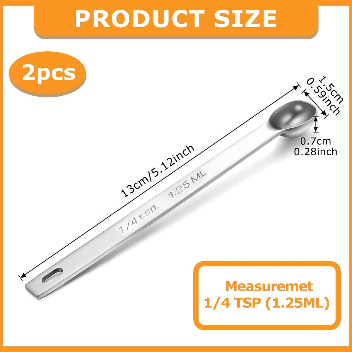 2PCS 1/4 Teaspoon Measuring Spoon Small Mini Stainless Steel Long Handle Measuring Spoons (1/4 Tsp | 1.25 Ml | 1.25 Cc) Teaspoons Measuring Spoon Measuring Teaspoons