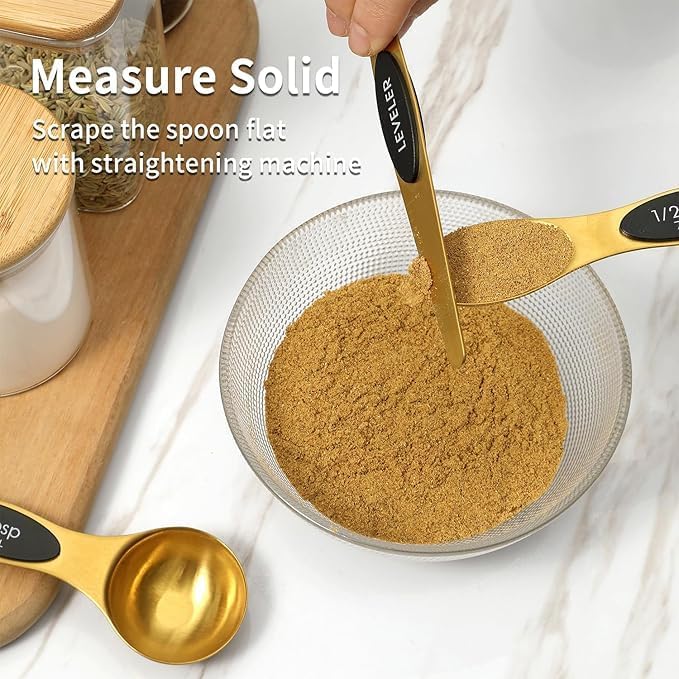 Gold Magnetic Measuring Spoons Set of 8 – Stainless Steel Stackable Dual-Sided Spoons with Leveler, Fits Spice Jars, Baking & Cooking Kitchen Tools