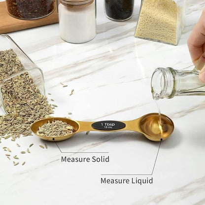 Gold Magnetic Measuring Spoons Set of 8 – Stainless Steel Stackable Dual-Sided Spoons with Leveler, Fits Spice Jars, Baking & Cooking Kitchen Tools