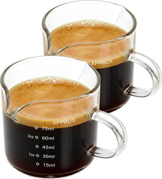 Espresso Shot Cups, Set of 2, 4 OZ Glass Measuring Cup with Handle | Coffee Bar Essentials, Milk Cup, Espresso Accessories for Machine