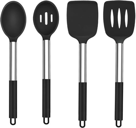 Kitchen Utensils, 4 PCS Silicone Cooking Utensils Spatula Spoon Set | with Stainless Steel Handle, for Frying Mixing Draining Turning, Healthy & Heat-proof, Non-stick & Dishwasher Safe - Black