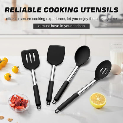 Kitchen Utensils, 4 PCS Silicone Cooking Utensils Spatula Spoon Set | with Stainless Steel Handle, for Frying Mixing Draining Turning, Healthy & Heat-proof, Non-stick & Dishwasher Safe - Black