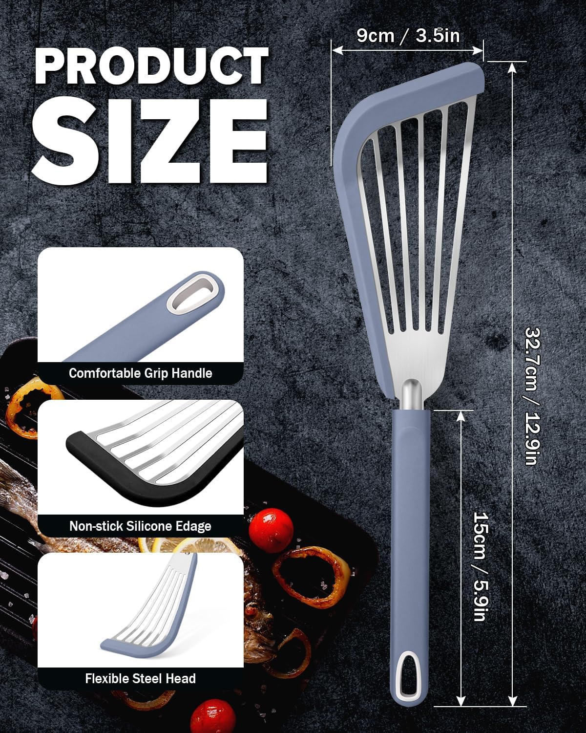 Fish Spatula Turner, Thin Slotted Spatulas for Nonstick Cookware,Silicone Edge Heat Resistant Kitchen Flipper for Fish, Egg, Pancake(Stainless Steel, 2Pack)