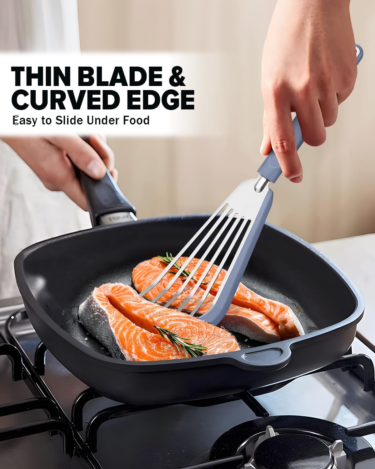 Fish Spatula Turner, Thin Slotted Spatulas for Nonstick Cookware,Silicone Edge Heat Resistant Kitchen Flipper for Fish, Egg, Pancake(Stainless Steel, 2Pack)