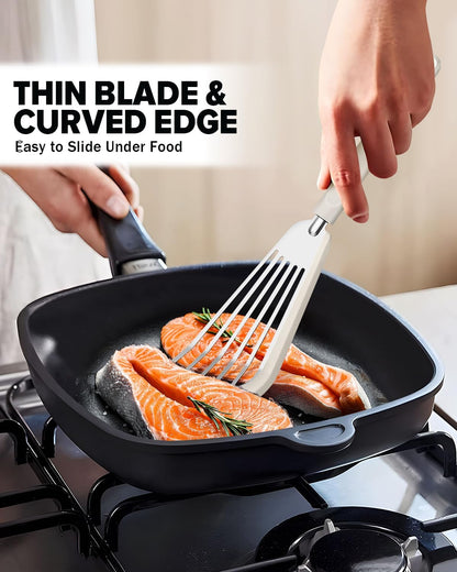 Fish Spatula Turner, Thin Slotted Spatulas for Nonstick Cookware,Silicone Edge Heat Resistant Kitchen Flipper for Fish, Egg, Pancake(Stainless Steel, 2Pack)