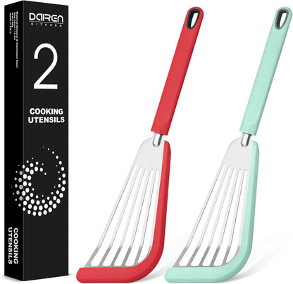 Fish Spatula Turner, Thin Slotted Spatulas for Nonstick Cookware,Silicone Edge Heat Resistant Kitchen Flipper for Fish, Egg, Pancake(Stainless Steel, 2Pack)