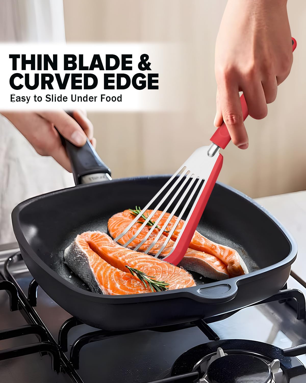 Fish Spatula Turner, Thin Slotted Spatulas for Nonstick Cookware,Silicone Edge Heat Resistant Kitchen Flipper for Fish, Egg, Pancake(Stainless Steel, 2Pack)