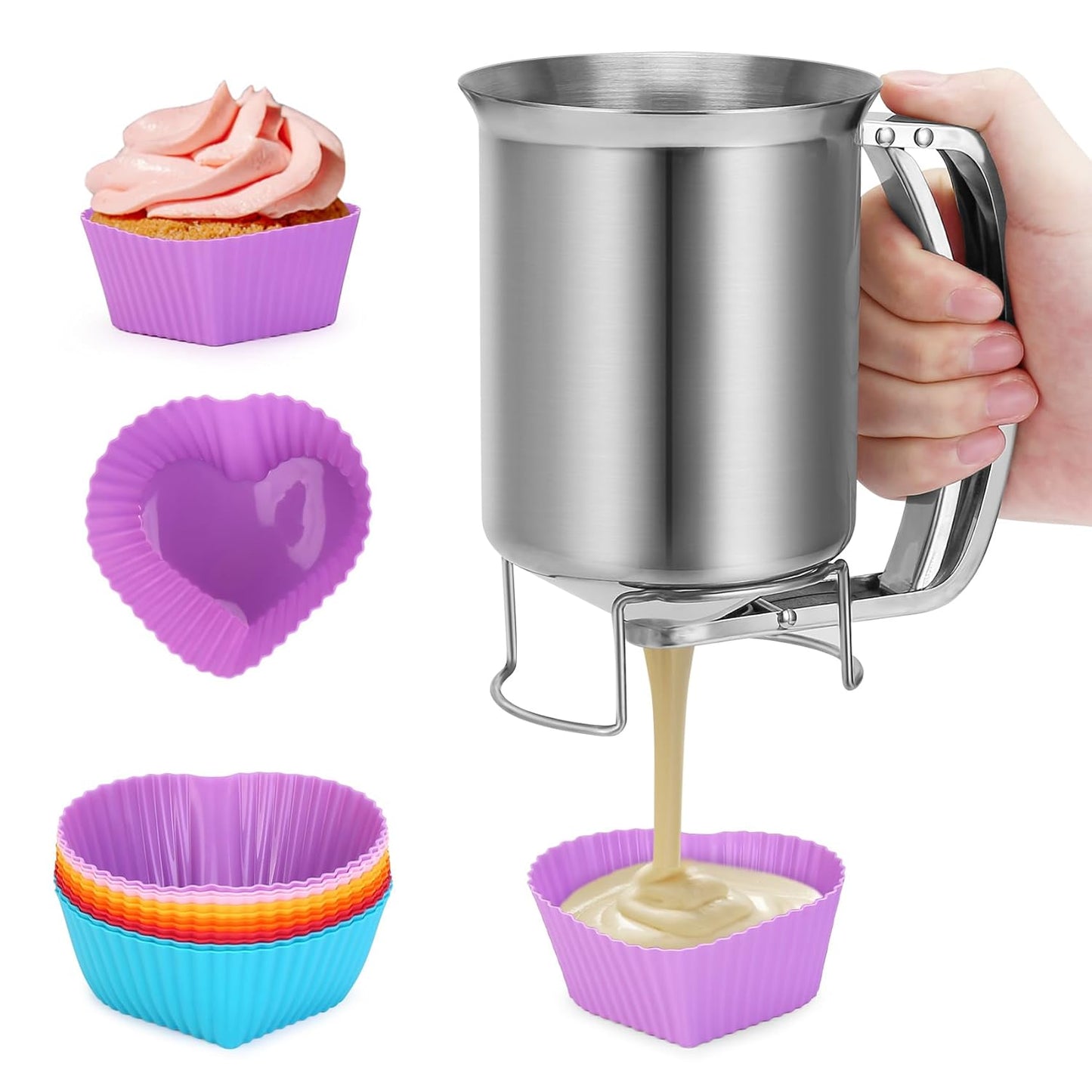32 oz Stainless Steel Pancake Batter Dispenser with 12PCS Silicone Molds | Easy to Use and Clean, for Making Uniform Pancakes, Cakes, Cupcakes, Muffins, Waffles, Crepes