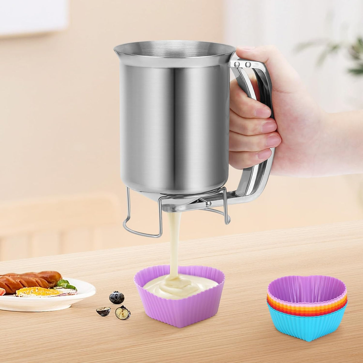 32 oz Stainless Steel Pancake Batter Dispenser with 12PCS Silicone Molds | Easy to Use and Clean, for Making Uniform Pancakes, Cakes, Cupcakes, Muffins, Waffles, Crepes
