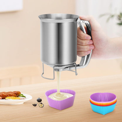 32 oz Stainless Steel Pancake Batter Dispenser with 12PCS Silicone Molds | Easy to Use and Clean, for Making Uniform Pancakes, Cakes, Cupcakes, Muffins, Waffles, Crepes