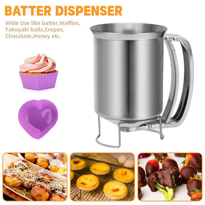 32 oz Stainless Steel Pancake Batter Dispenser with 12PCS Silicone Molds | Easy to Use and Clean, for Making Uniform Pancakes, Cakes, Cupcakes, Muffins, Waffles, Crepes