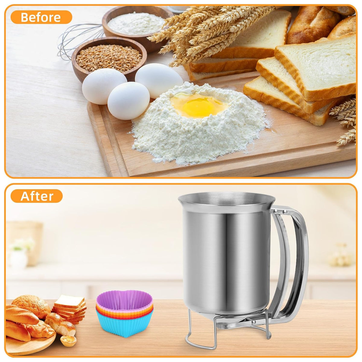 32 oz Stainless Steel Pancake Batter Dispenser with 12PCS Silicone Molds | Easy to Use and Clean, for Making Uniform Pancakes, Cakes, Cupcakes, Muffins, Waffles, Crepes