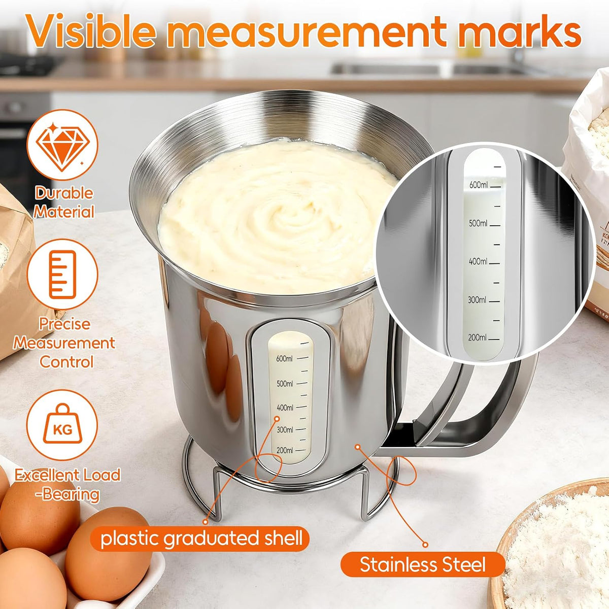 32 oz Stainless Steel Pancake Batter Dispenser with 12PCS Silicone Molds | Easy to Use and Clean, for Making Uniform Pancakes, Cakes, Cupcakes, Muffins, Waffles, Crepes