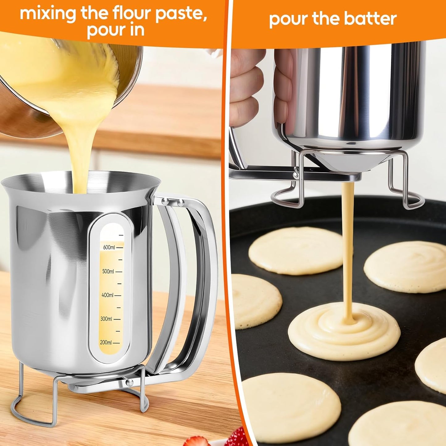 32 oz Stainless Steel Pancake Batter Dispenser with 12PCS Silicone Molds | Easy to Use and Clean, for Making Uniform Pancakes, Cakes, Cupcakes, Muffins, Waffles, Crepes