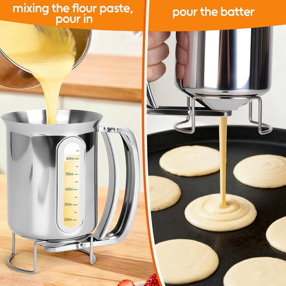 32 oz Stainless Steel Pancake Batter Dispenser with 12PCS Silicone Molds | Easy to Use and Clean, for Making Uniform Pancakes, Cakes, Cupcakes, Muffins, Waffles, Crepes