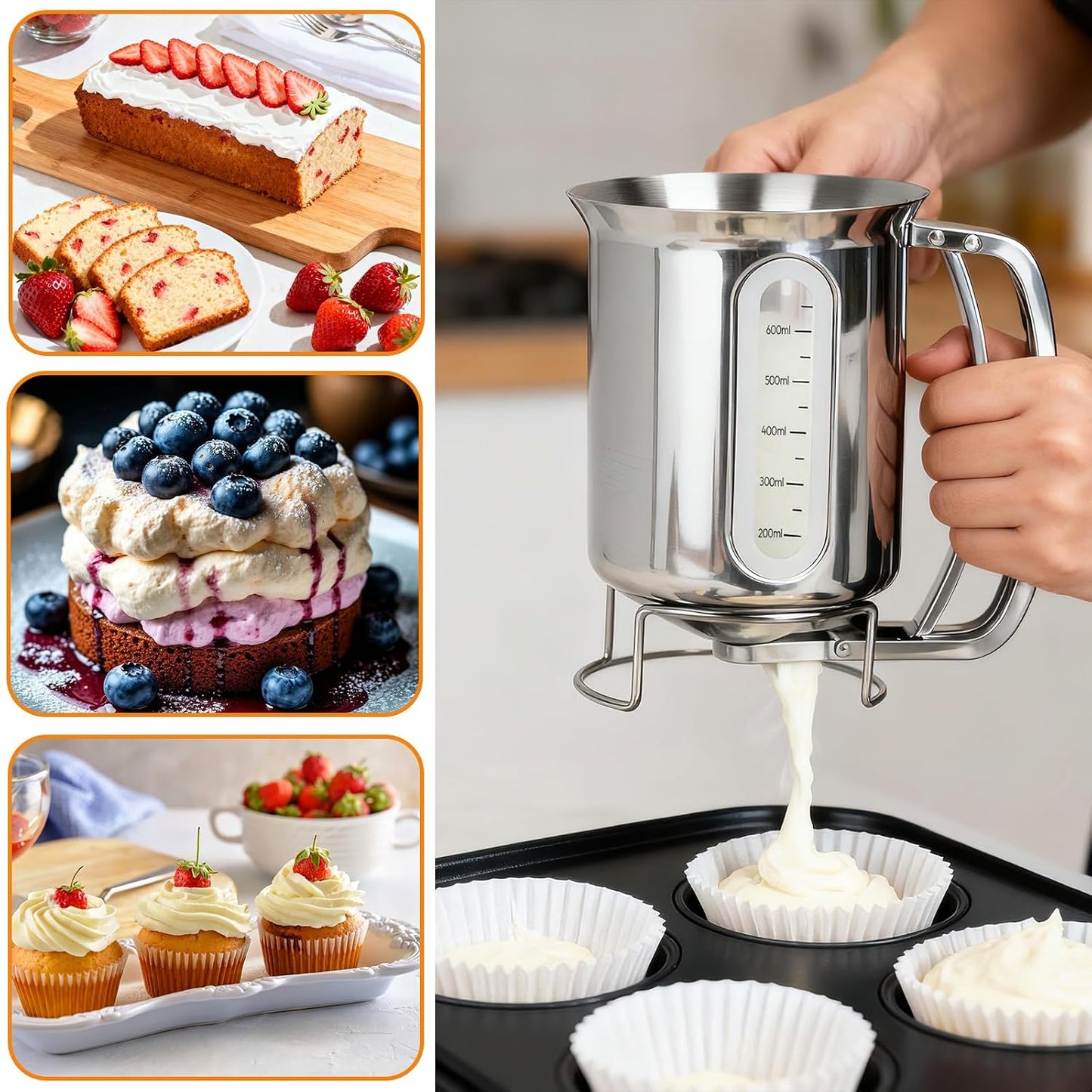 32 oz Stainless Steel Pancake Batter Dispenser with 12PCS Silicone Molds | Easy to Use and Clean, for Making Uniform Pancakes, Cakes, Cupcakes, Muffins, Waffles, Crepes