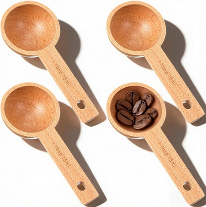 Wooden Coffee Scoop Set 4 Pack Beech Wood Tablespoon Measuring Spoons 15ml 1 Tablespoon Home Kitchen Accessories For Coffee Beans, Ground Coffee, Tea, Spices, Protein Powder, And Bath Salt