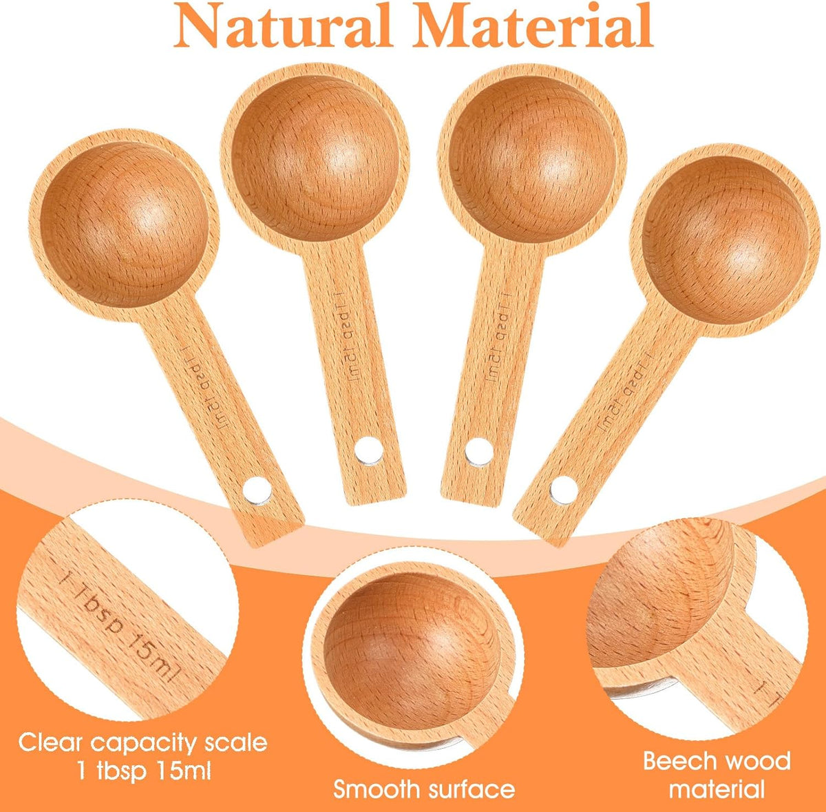 Wooden Coffee Scoop Set 4 Pack Beech Wood Tablespoon Measuring Spoons 15ml 1 Tablespoon Home Kitchen Accessories For Coffee Beans, Ground Coffee, Tea, Spices, Protein Powder, And Bath Salt
