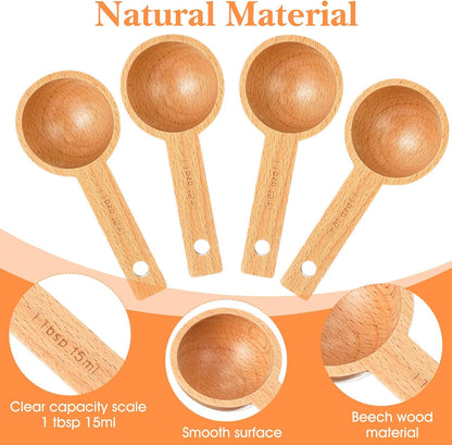 Wooden Coffee Scoop Set 4 Pack Beech Wood Tablespoon Measuring Spoons 15ml 1 Tablespoon Home Kitchen Accessories For Coffee Beans, Ground Coffee, Tea, Spices, Protein Powder, And Bath Salt