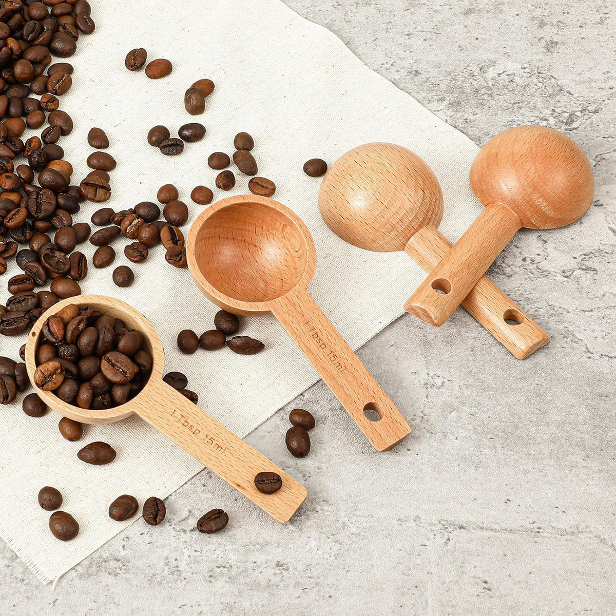Wooden Coffee Scoop Set 4 Pack Beech Wood Tablespoon Measuring Spoons 15ml 1 Tablespoon Home Kitchen Accessories For Coffee Beans, Ground Coffee, Tea, Spices, Protein Powder, And Bath Salt