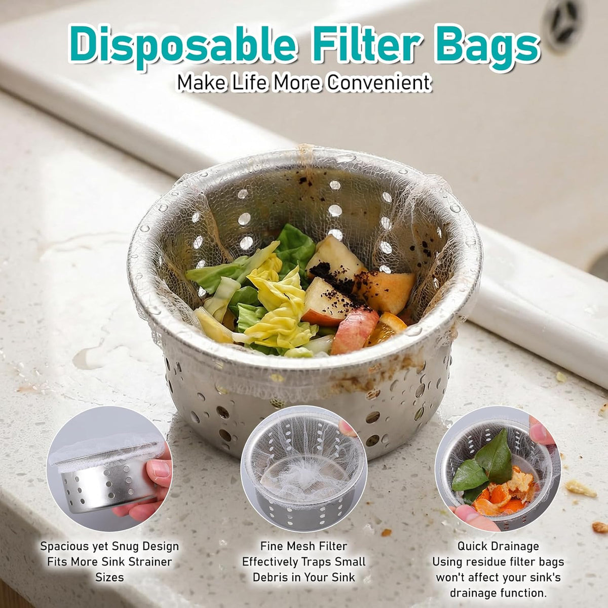 200 Pack Kitchen Sink Strainer Mesh Bag, Disposable Residue Filtering Bags, Anti-Clogging Sink Drain Covers for Sink Drain for Collecting Kitchen Food Waste Leftover Garbage, Fits Most Sink Strainers
