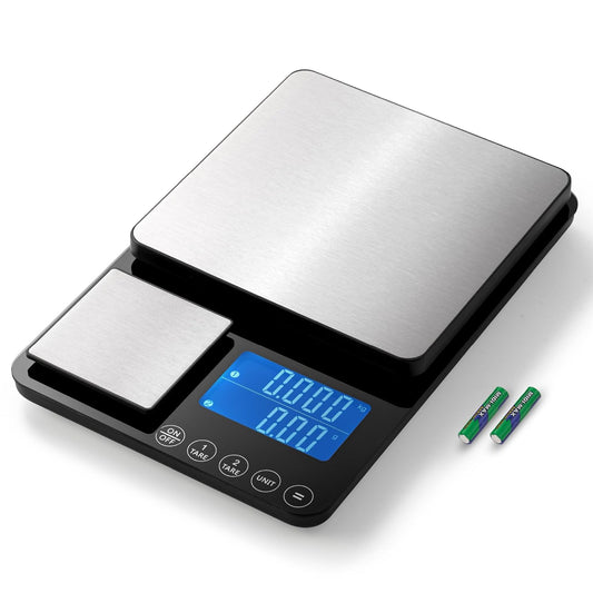 Dual Platform Kitchen Scale, Digital Food Scale with Dual Display, Two Scales in One for Heavy and Precise, 33lb/0.01g/0.001oz, Stainless Steel, 7 Units Tare, for Baking, Sourdough, Cooking
