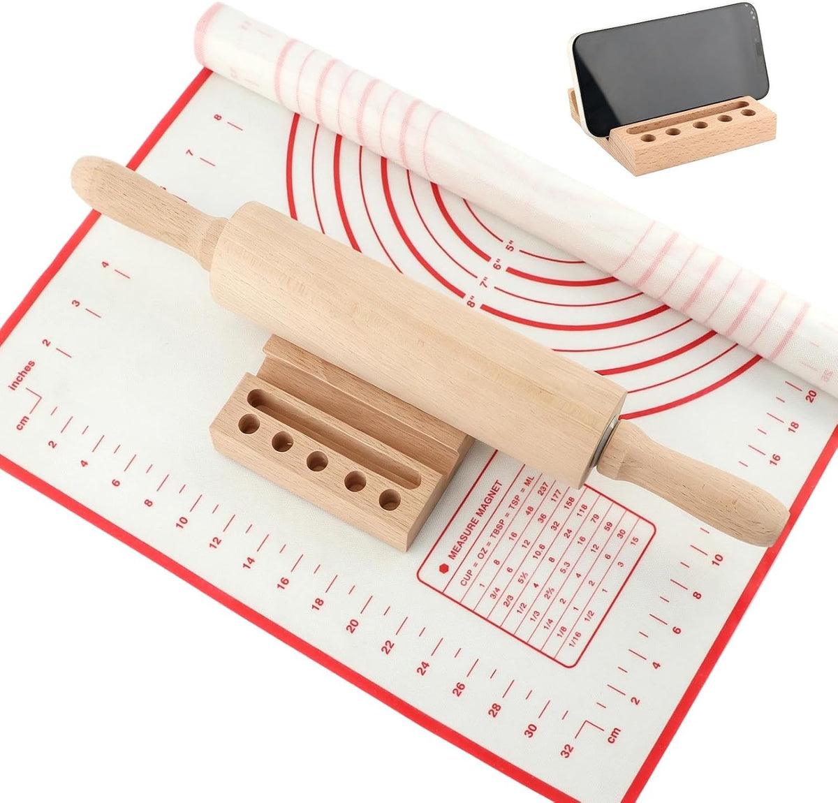 Wood Rolling Pin with Silicone Baking Mat and Wooden Base