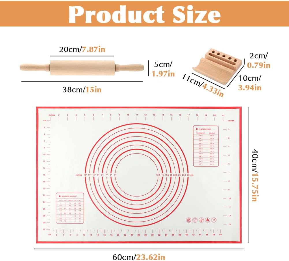 Wood Rolling Pin with Silicone Baking Mat and Wooden Base