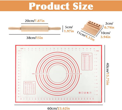 Wood Rolling Pin with Silicone Baking Mat and Wooden Base