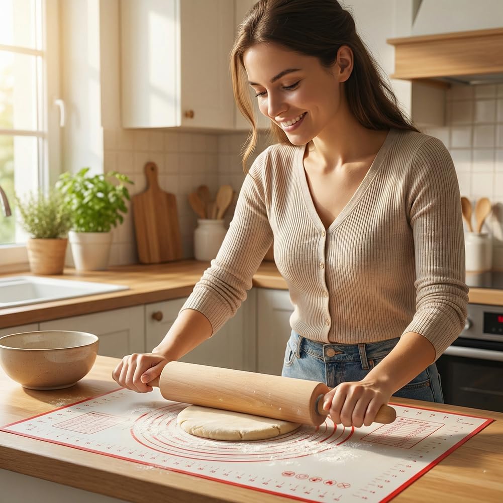 Wood Rolling Pin with Silicone Baking Mat and Wooden Base