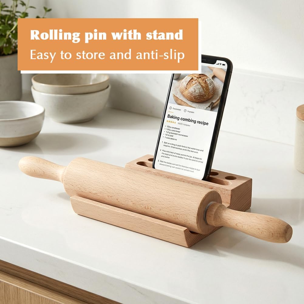Wood Rolling Pin with Silicone Baking Mat and Wooden Base