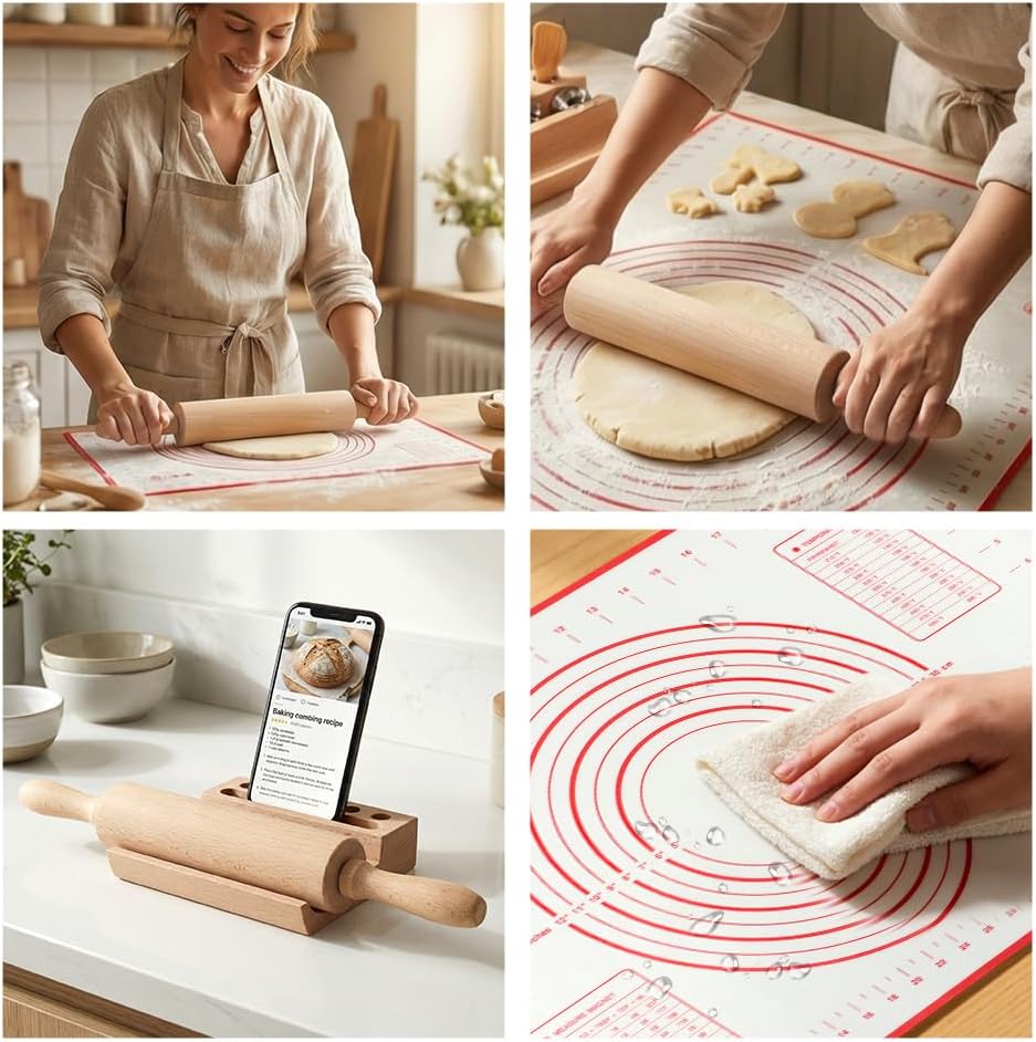 Wood Rolling Pin with Silicone Baking Mat and Wooden Base