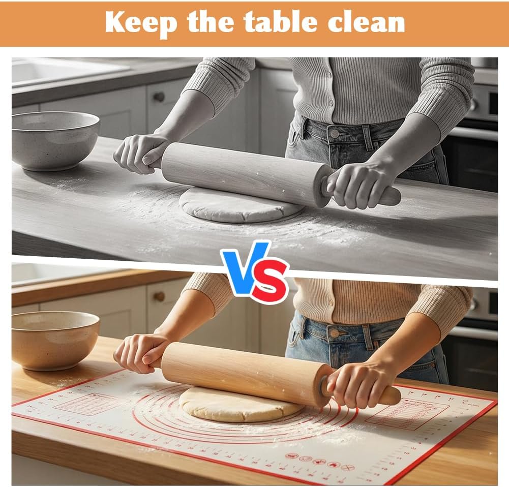 Wood Rolling Pin with Silicone Baking Mat and Wooden Base