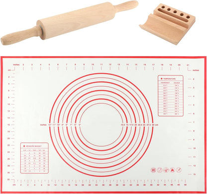 Wood Rolling Pin with Silicone Baking Mat and Wooden Base