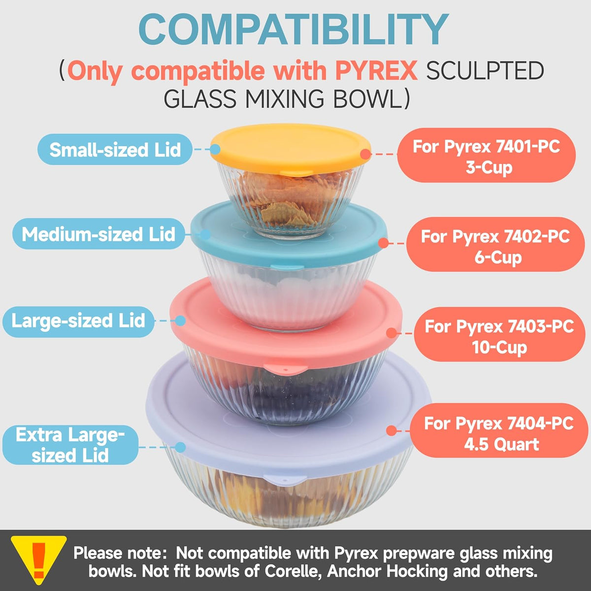 3 Pack Silicone Replacement Lids for Pyrex 7402-S 1.3 Qt, 7403-S 2.3 Qt, 7404-S 4.5 Qt Sculpted Tinted Glass Mixing Bowls (BOWL NOT INCLUDED)