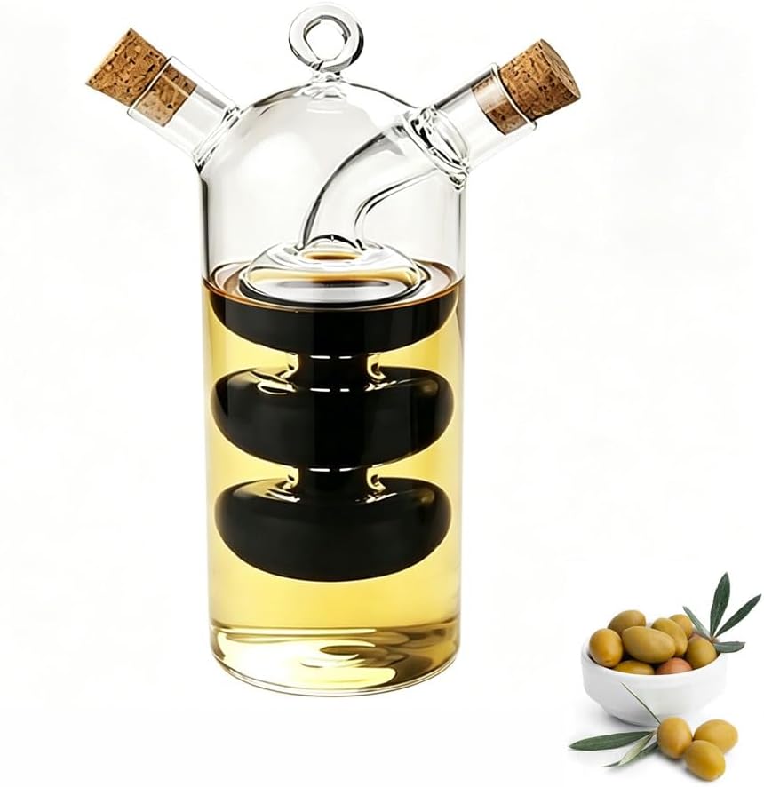 Olive Oil and Vinegar Dispenser Cruet Bottles, 2 in 1 Transparent Dual Glass for Kitchen Cooking Container