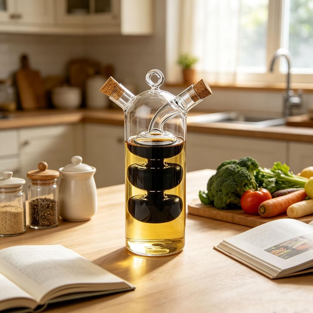 Olive Oil and Vinegar Dispenser Cruet Bottles, 2 in 1 Transparent Dual Glass for Kitchen Cooking Container