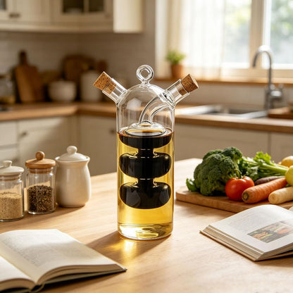 Olive Oil and Vinegar Dispenser Cruet Bottles, 2 in 1 Transparent Dual Glass for Kitchen Cooking Container