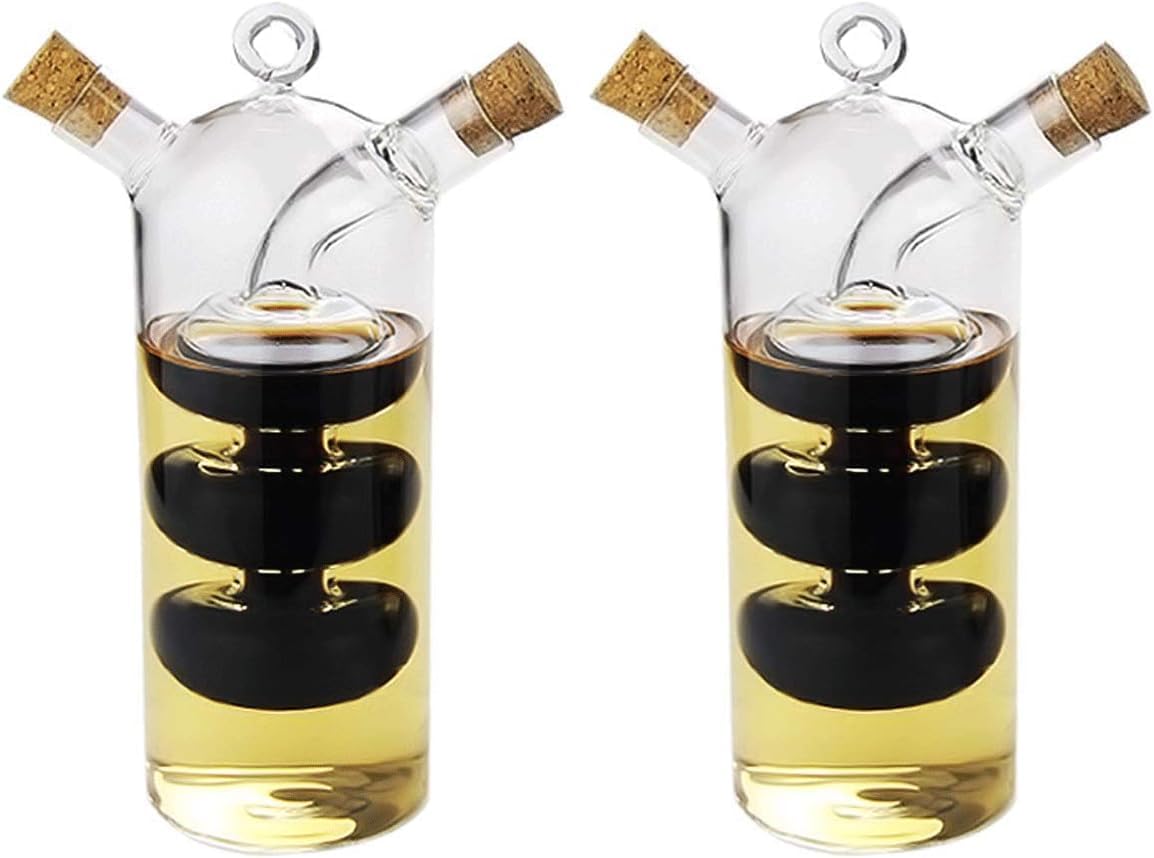 Olive Oil and Vinegar Dispenser Cruet Bottles, 2 in 1 Transparent Dual Glass for Kitchen Cooking Container