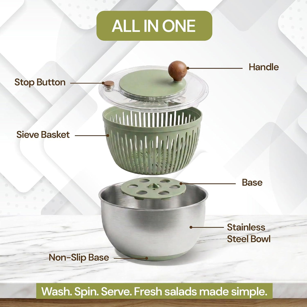 5.3QT Stainless Steel Salad Spinner - Large Salad Spinner with Non-Slip Base, Drain Hole and Stop Button- Dish Washer Safe Vegetable Spinner